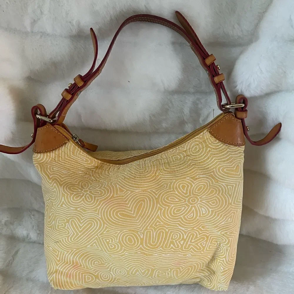 Dooney &Bourke yellow jacquard logo & tan leather strap & trim shoulder …